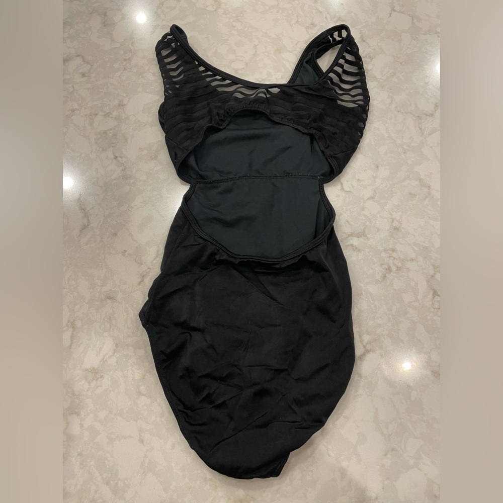 Black Leotard With Open Back And Mesh Striped Pat… - image 2